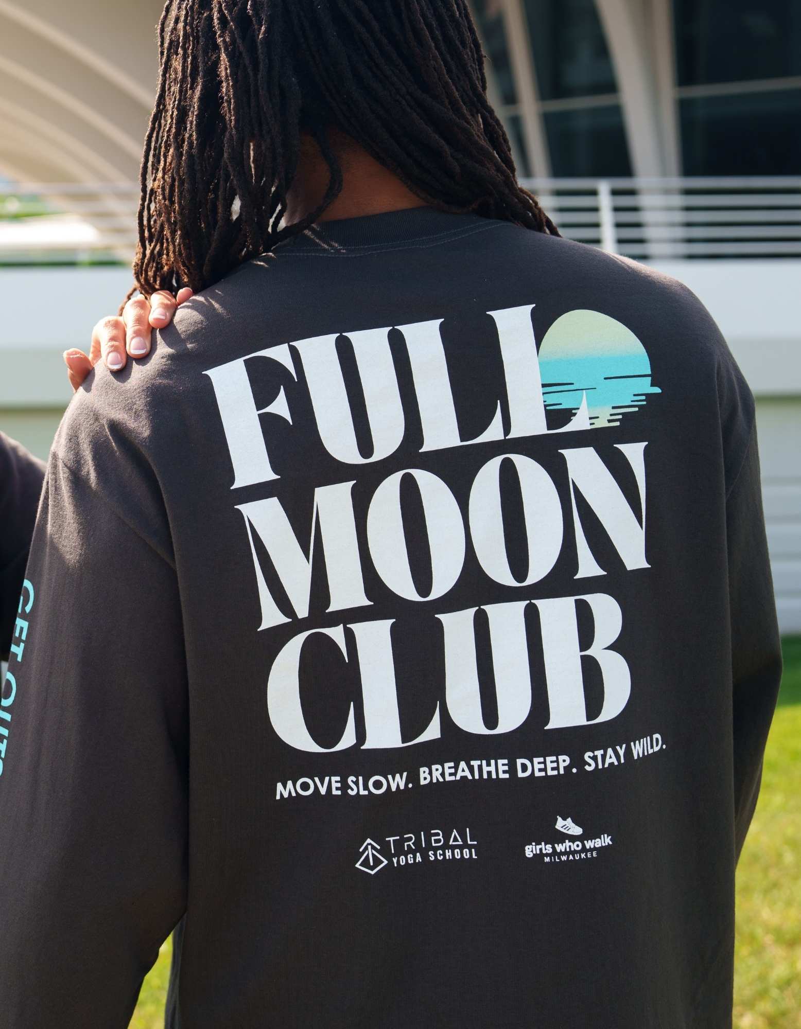 Full Moon Club oversized long sleeve shirt by Tribal Yoga featuring Get Outside Go Inside sleeve graphic