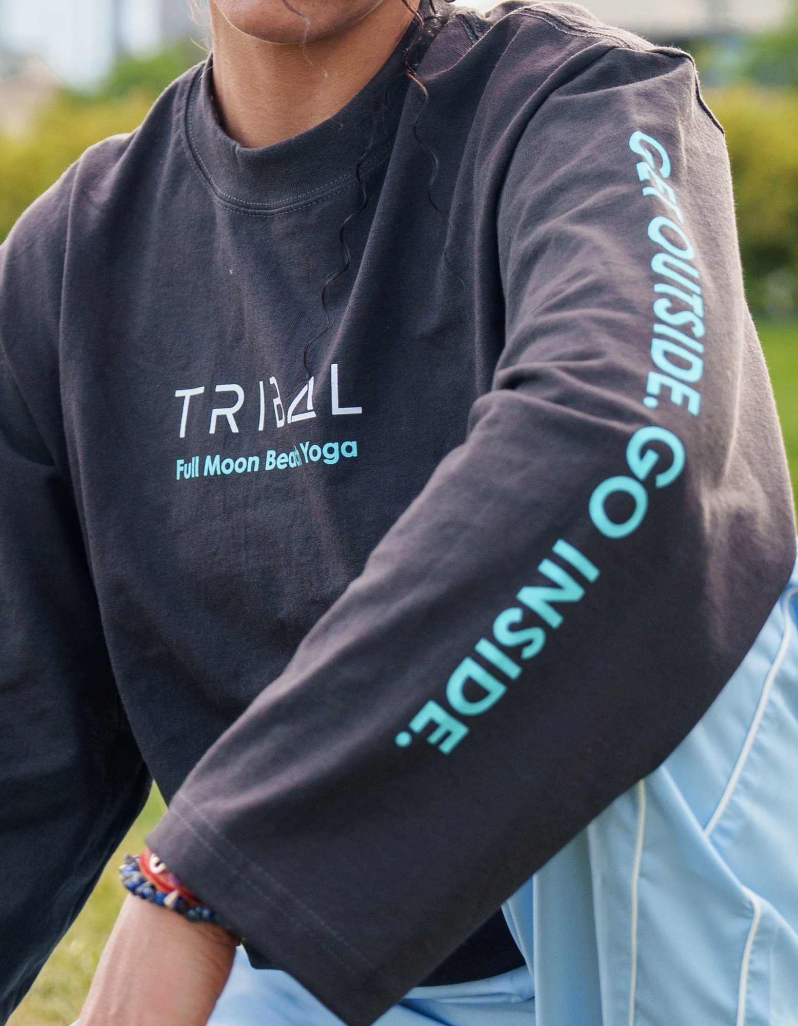 Full Moon Club oversized long sleeve shirt by Tribal Yoga featuring Get Outside Go Inside sleeve graphic