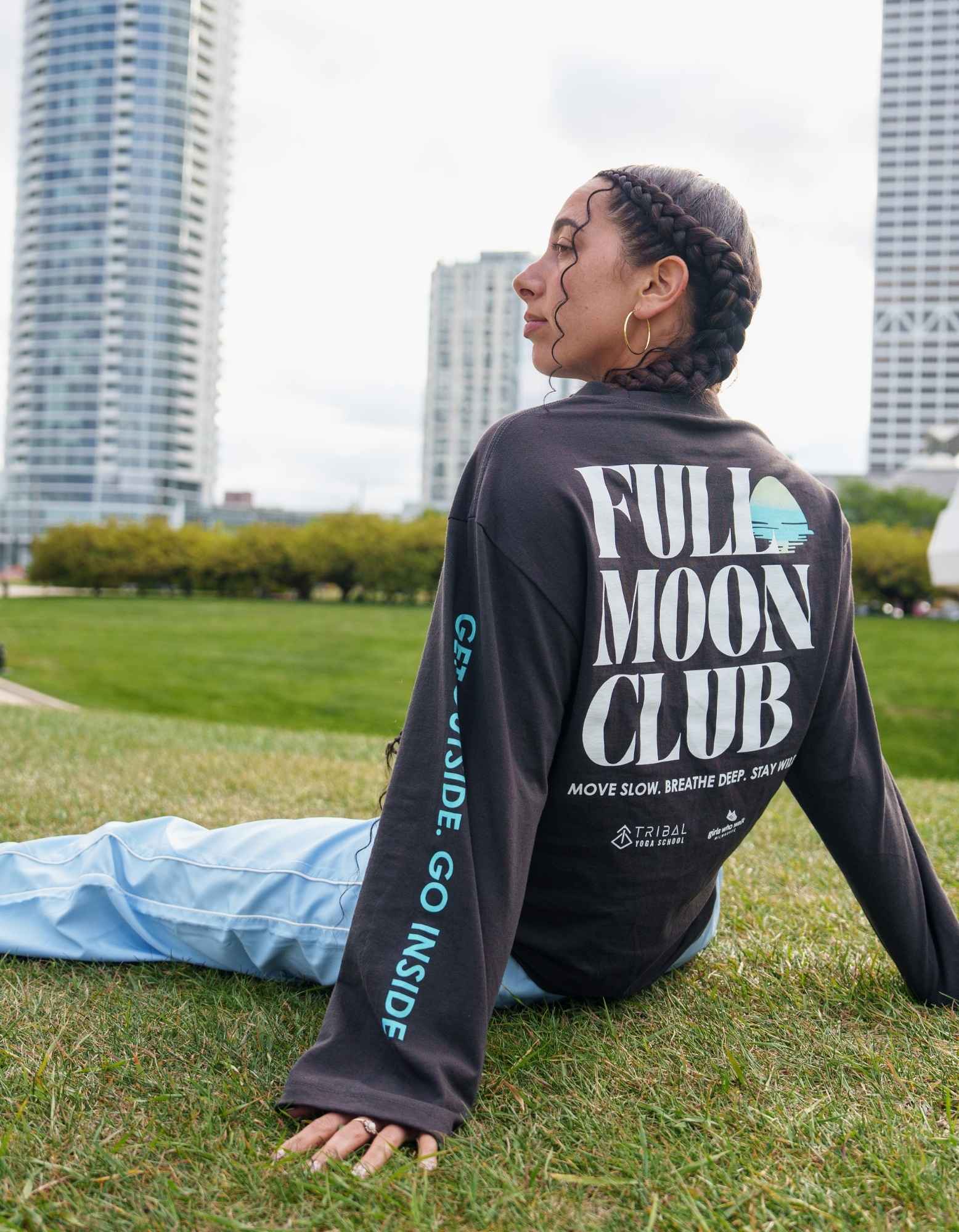 Full Moon Club oversized long sleeve shirt by Tribal Yoga featuring Get Outside Go Inside sleeve graphic
